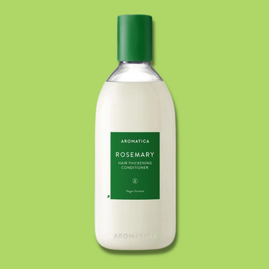 Image of Rosemary Hair Thickening Conditioner by Aromatica. Transparent bottle, green cap and green label.
