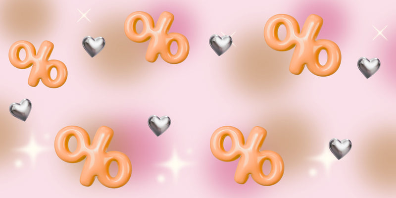 Decorative banner with percentage symbols and heart shapes on a gradient background